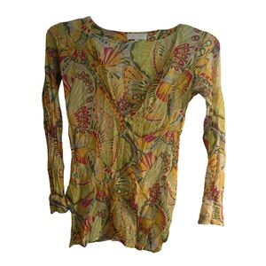 Women's Sheer Yellow Floral Long-Sleeve V-Neck Top